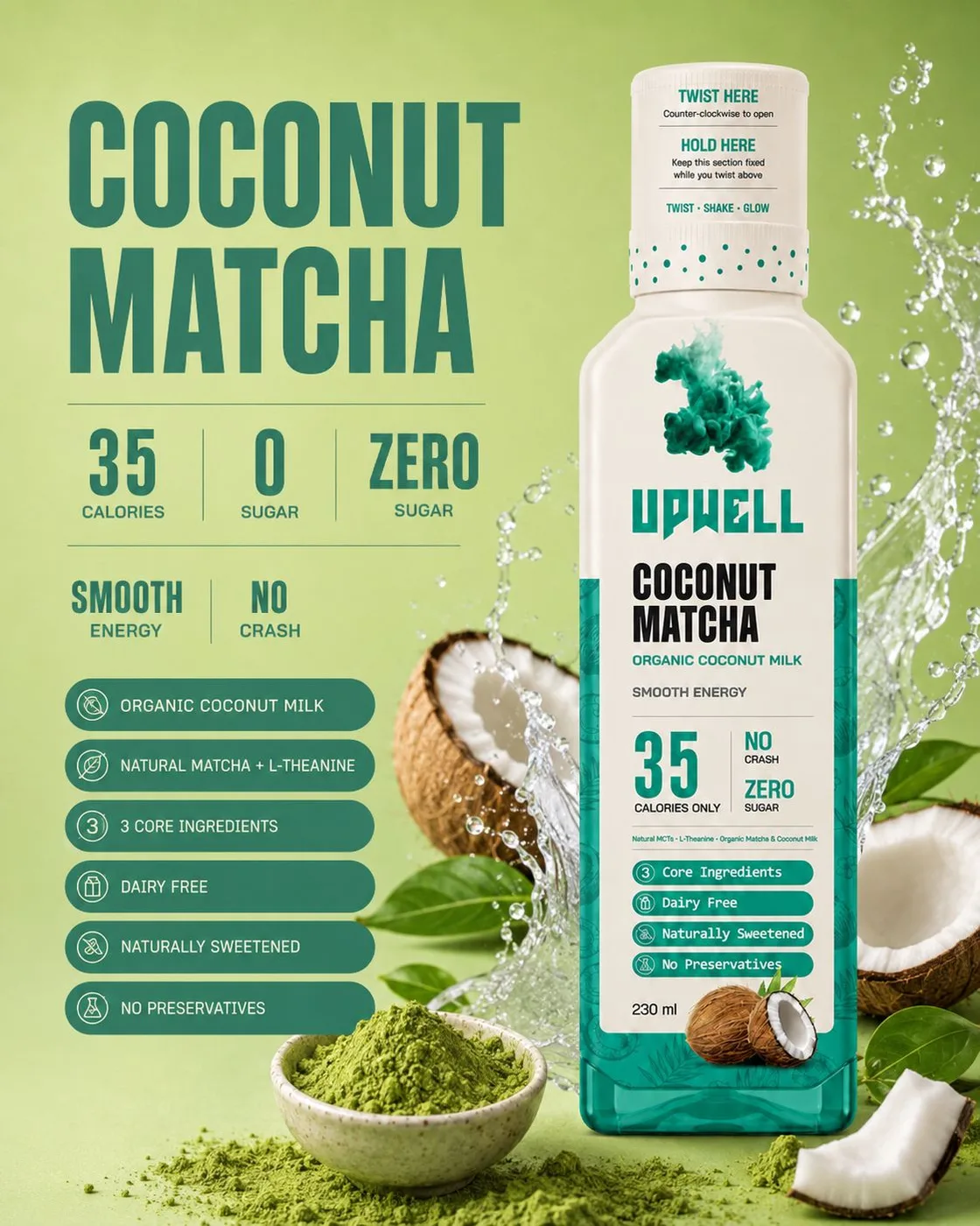 UPWELL Coconut Matcha — 35 calories, zero sugar, smooth energy