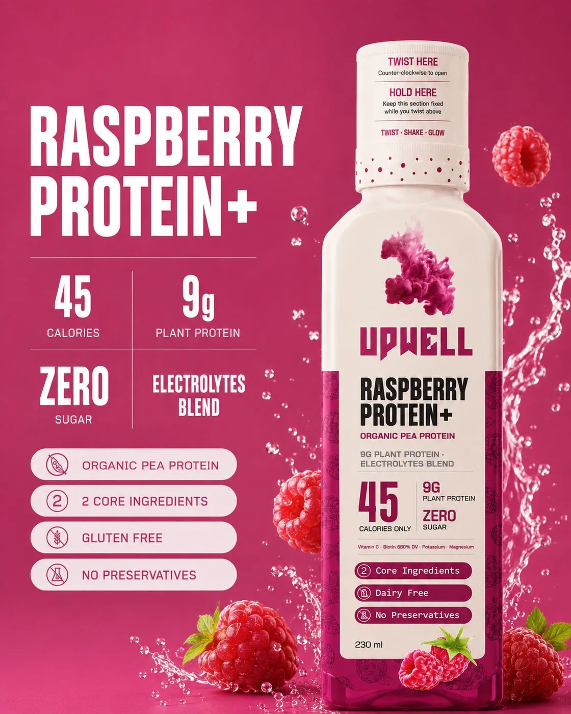 UPWELL Raspberry Protein+ — 9g plant protein with electrolytes, zero sugar