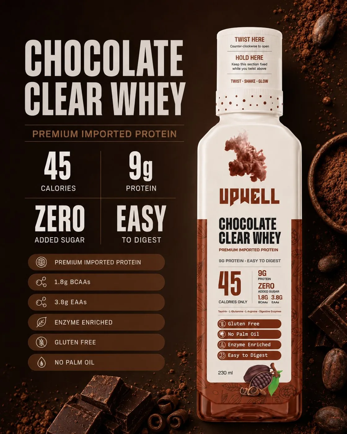 UPWELL Chocolate Clear Whey — 9g protein, 45 calories, easy to digest